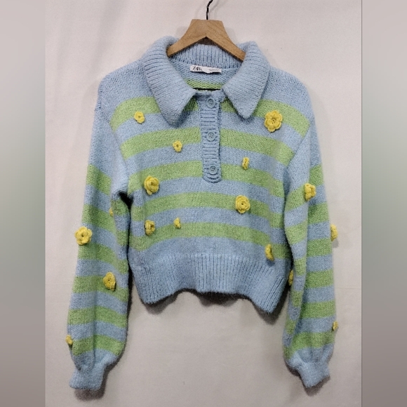 Zara Embroidered Floral Striped Sweater Women's M Blue Green Cottagecore Preppy - Picture 2 of 10